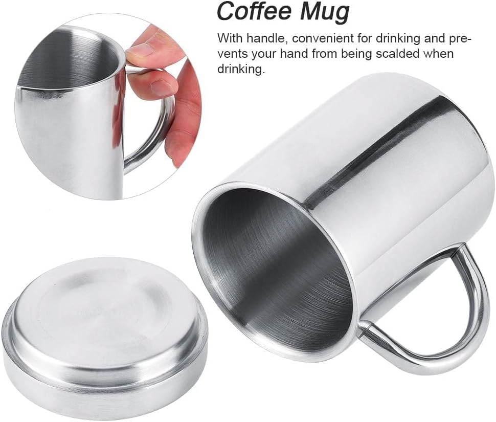 Stainless Steel Coffee Mug With Lid And Handle 7.5oz/220ml Unbreakable Metal Cup Double Wall Camping Cup Travel Coffee Mugs Shatterproof Tea Cup Camping Mug Stainless Steel Cup - Image 4
