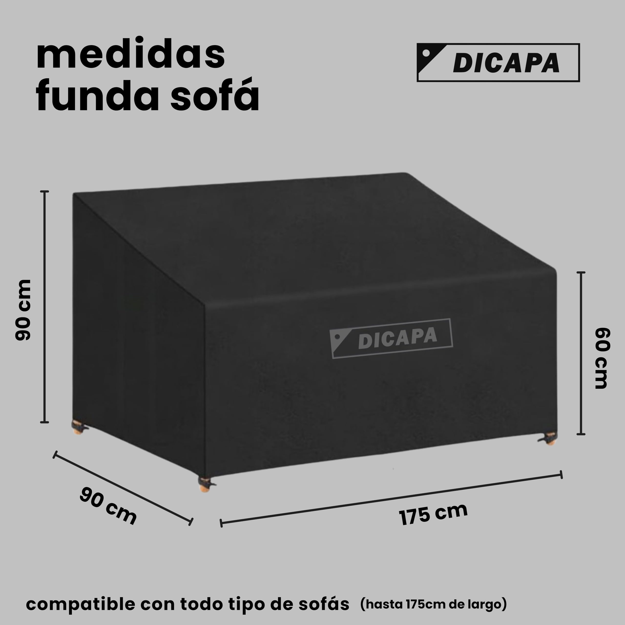 DICAPA Funda Sofa Exterior Impermeable 175x90x90cm Negro, Funda Protectora para Sofá de Jardín y Terraza, Protege tu sofá y muebles de exterior todo el año
