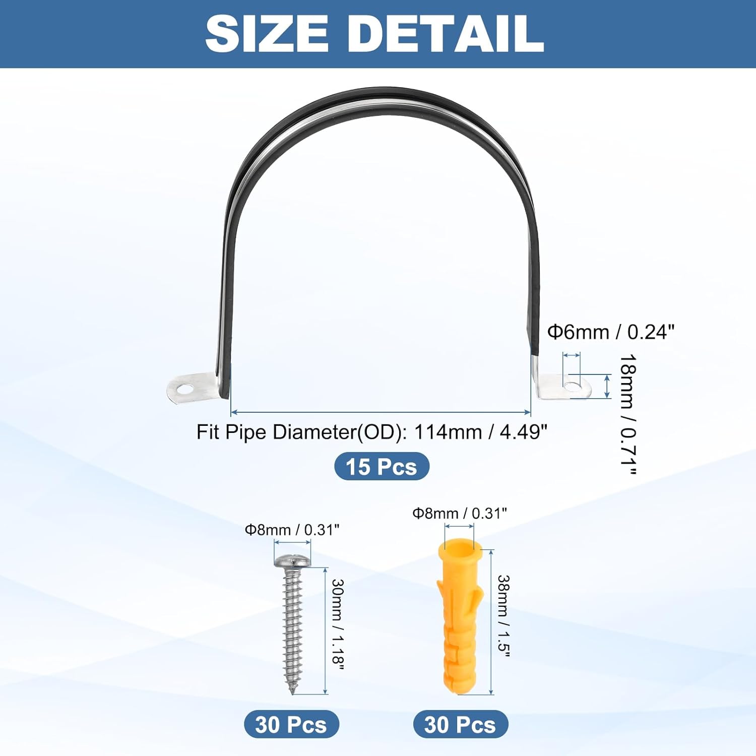 uxcell 15 Pcs Pipe Strap Clamp, 114mm(4.49") Rubber Cable Clamp Rubber Cushioned 304 Stainless Steel U Bracket Tube Holder Support with Screws for Water Pipe HVAC Cable Management