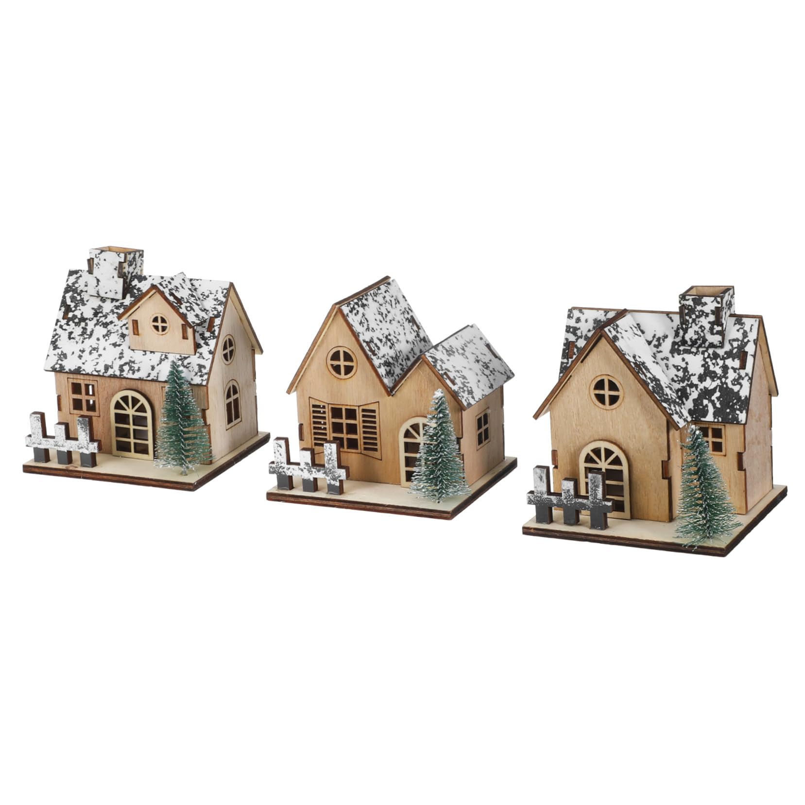 3 Pezzi Villaggio Natalizio in Legno con Illuminazione a LED Mini Case Rustiche per Decorazioni Natalizie su Mensola Stufa e Centro Tavola Decorazione Natalizia Fai da Te
