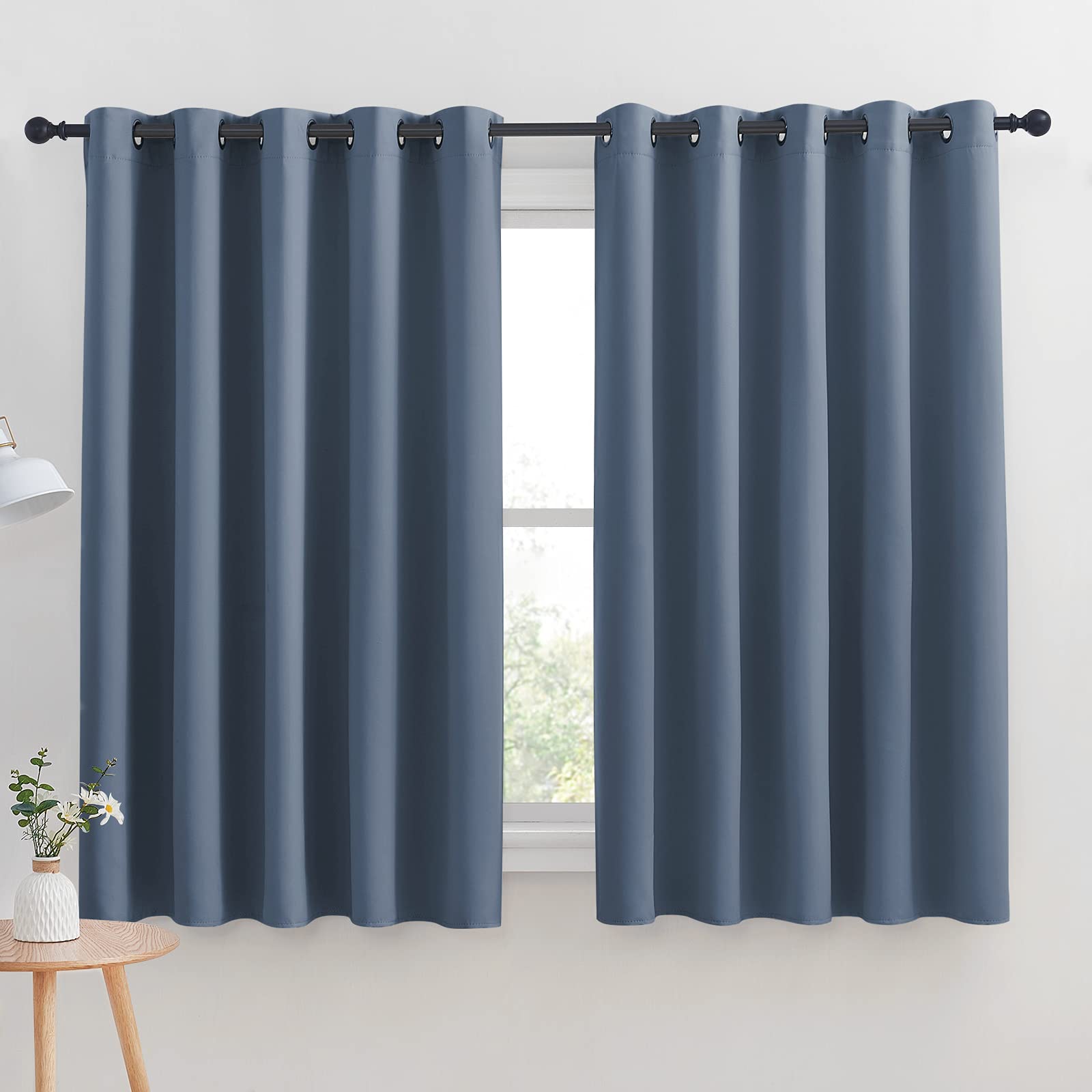 NICETOWN Thermal Insulated Curtains Blackout Draperies, Window Treatment Solid Grommet Room Darkening Drape Panels for Bedroom (Stone Blue, Set of 2, 70 by 63 inches Long)