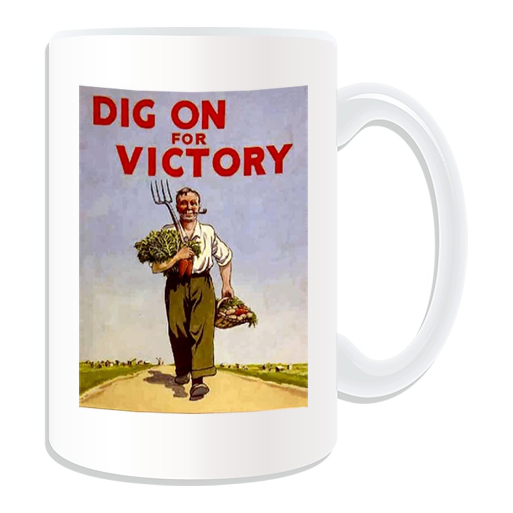 Personalised Gift - LARGE Dig On For Victory Mug (War Poster Design Theme, White) - Any Name / Message on Your Unique - Britain Britons First 1st Second 2nd World WW1 WW2 Recruitment Enlist Victory Army Military Soldier Farm Farmer Vegetable Vege Food