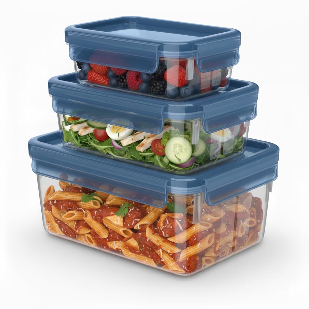 Emsa Clip & Close Eco Frischhaltedosen-Set, 3-tlg., 0,55/1,0/2,2 L, Öko-Design, auslaufsicher, hygienisch, mikrowellen-/gefrier-/spülmaschinengeeignet, BPA-frei, Blau, N1171800