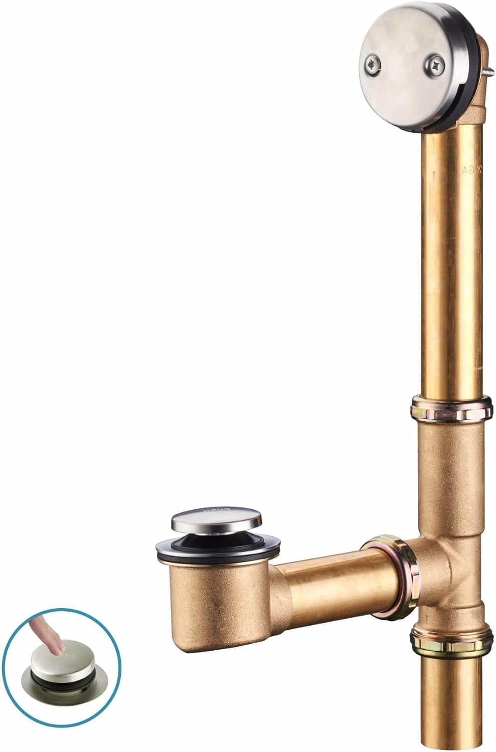 Tubular Bathtub Drain Kit 1-1/2" Brass Pipe with Brushed Nickel Tip-Toe Bath Tub Drain Stopper, Touch-Toe Bath Plug Waste and Overflow, Welsan Pop Up Bathtub Drain Kit
