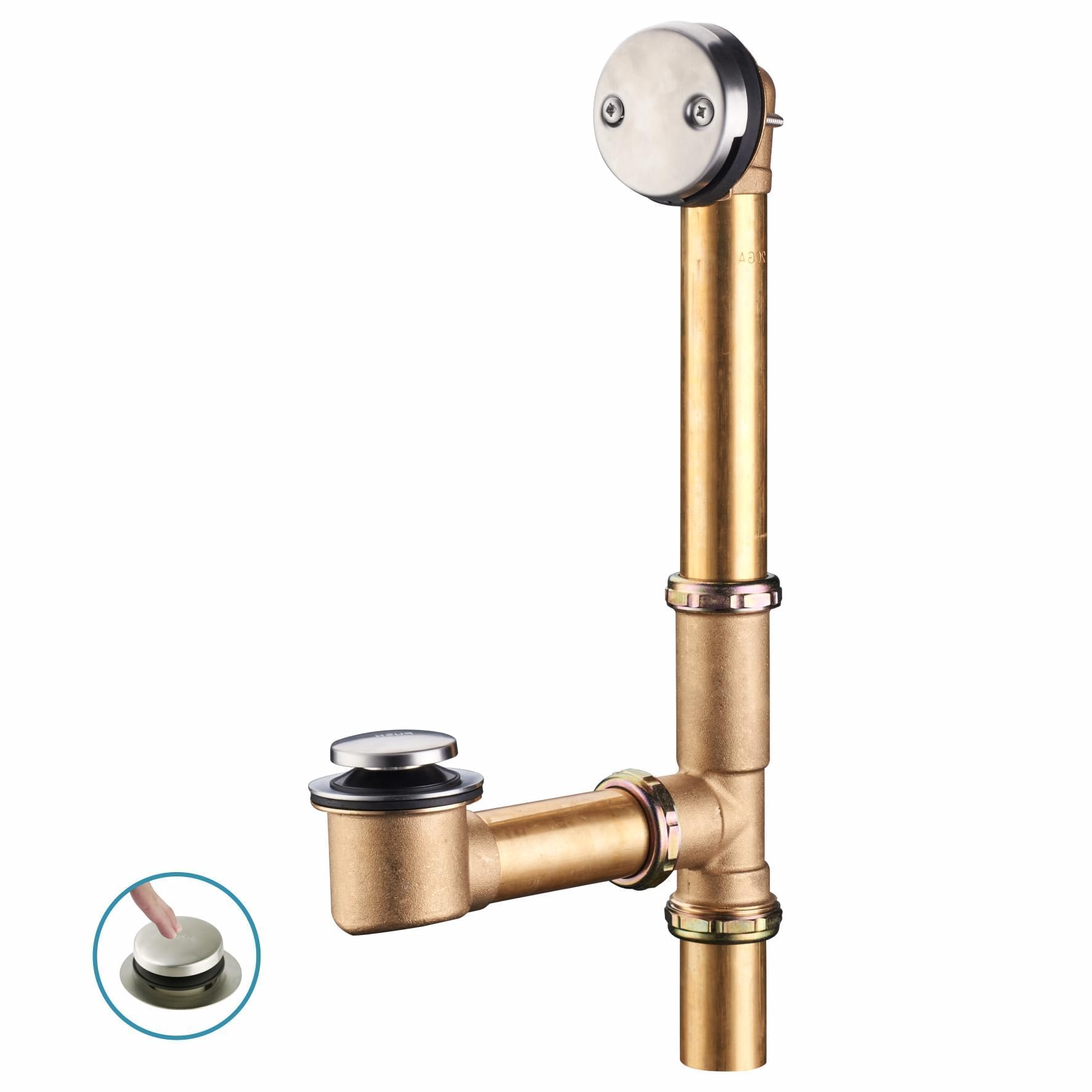 Röhrenförmiges Badewannen-Ablauf-Set, 3,8 cm, Messingrohr mit gebürstetem Nickel, Ablaufstopfen für Badewanne, Touch-Toe, Badewannenstöpsel und Überlauf