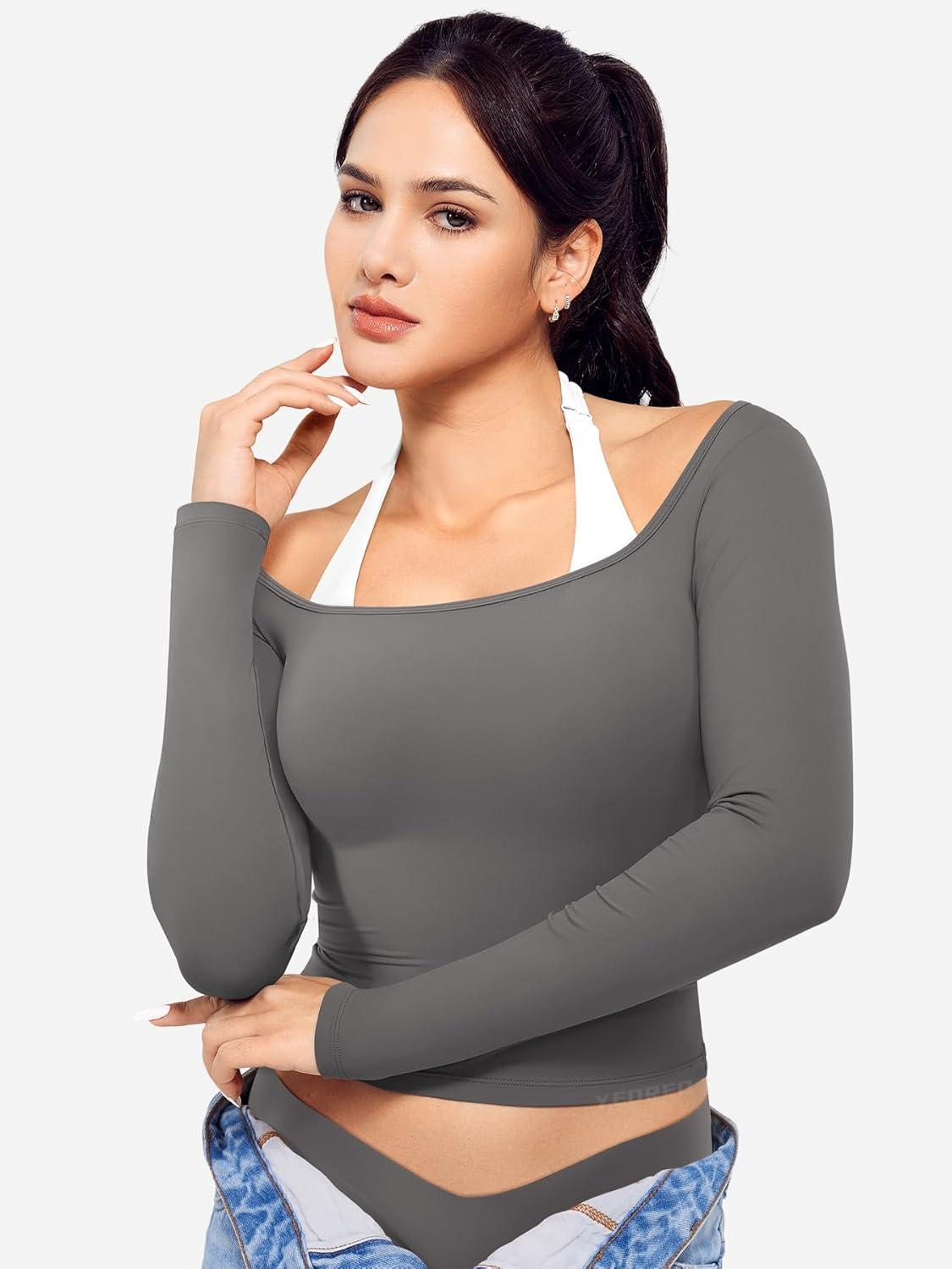 YEOREO Long Sleeve Workout Tops for Women Square Neck Slim Fitted Double Lined Compression Shirt Basic Casual Gym Yoga Tops - Image 5