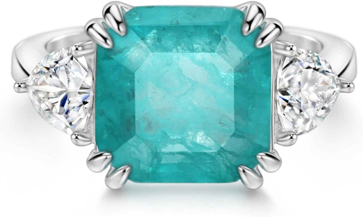 Michooyel 3.75ct Paraiba Promise Ring for Women Asscher Cut Three Stone Cubic Zirconia Statement Ring 925 Sterling Silver Fine Jewelry