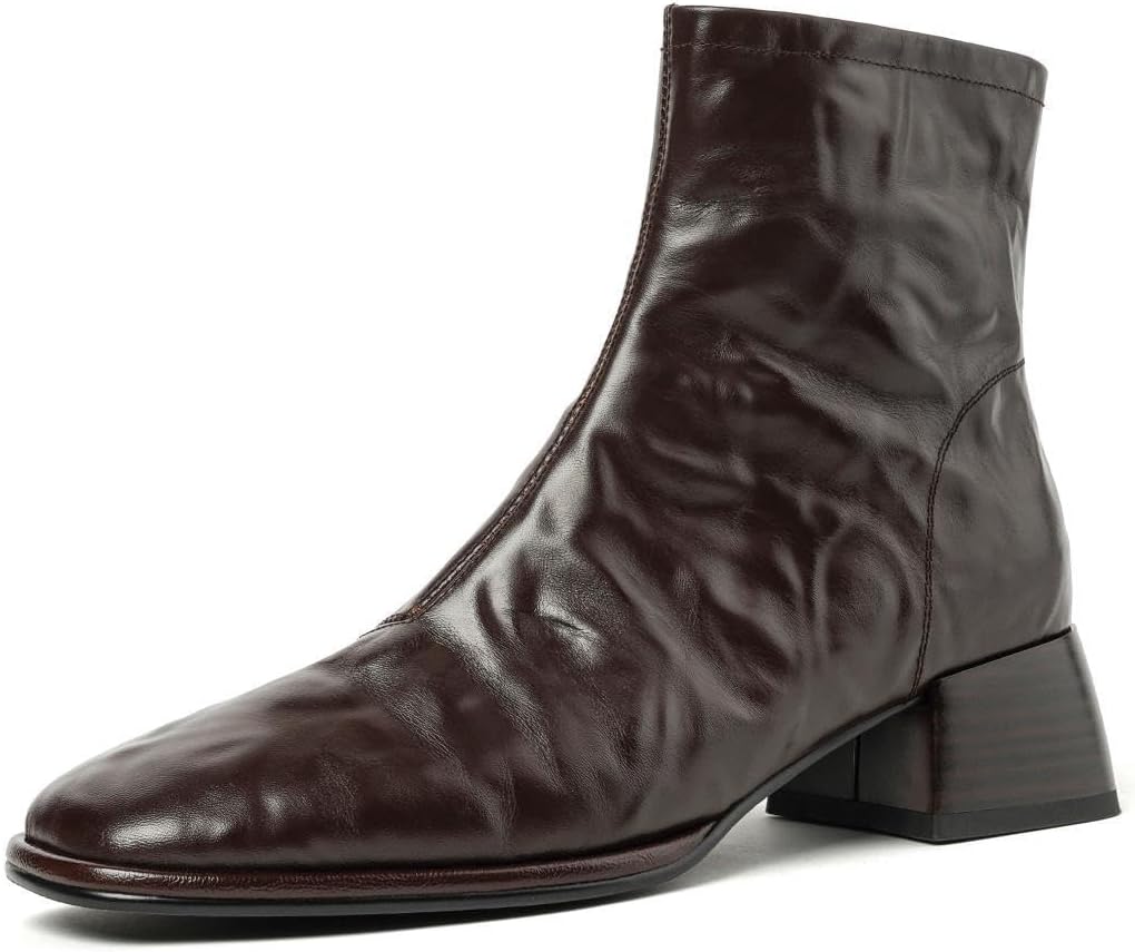 TinaCus Handmade Genuine Leather Retro Square Toe Side Zipper Low Block Heel Short Booties for Women