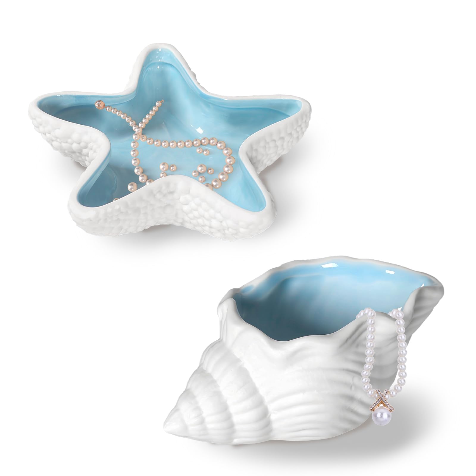 Yitexin Women's Conch & Starfish 2 Pieces Shape Ceramic Jewelry Dish, Blue Sea Shell Trinket Tray, Ocean-Themed Decorative Ring Holder Dish, Jewelry Plate Tray For Earrings Necklaces(Conch & Starfish)
