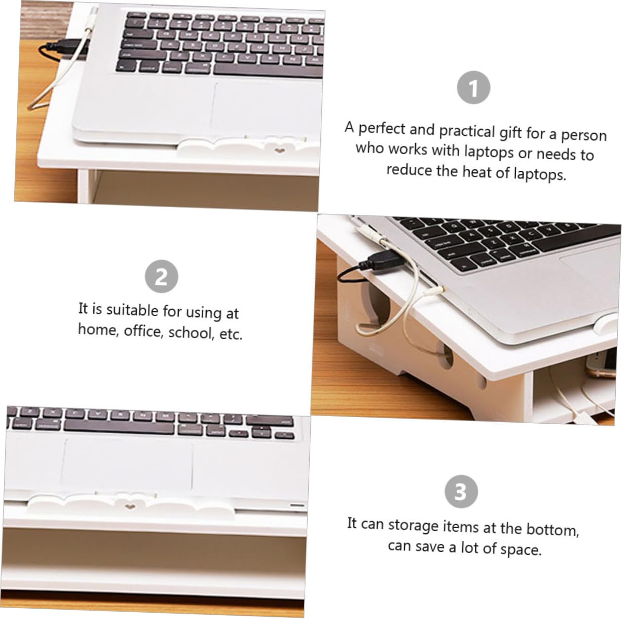 Support D'ordinateur Portable Blanc en Bois et Plastique, Stable et Gain de Place, Accessoire Informatique pour Bureau et École