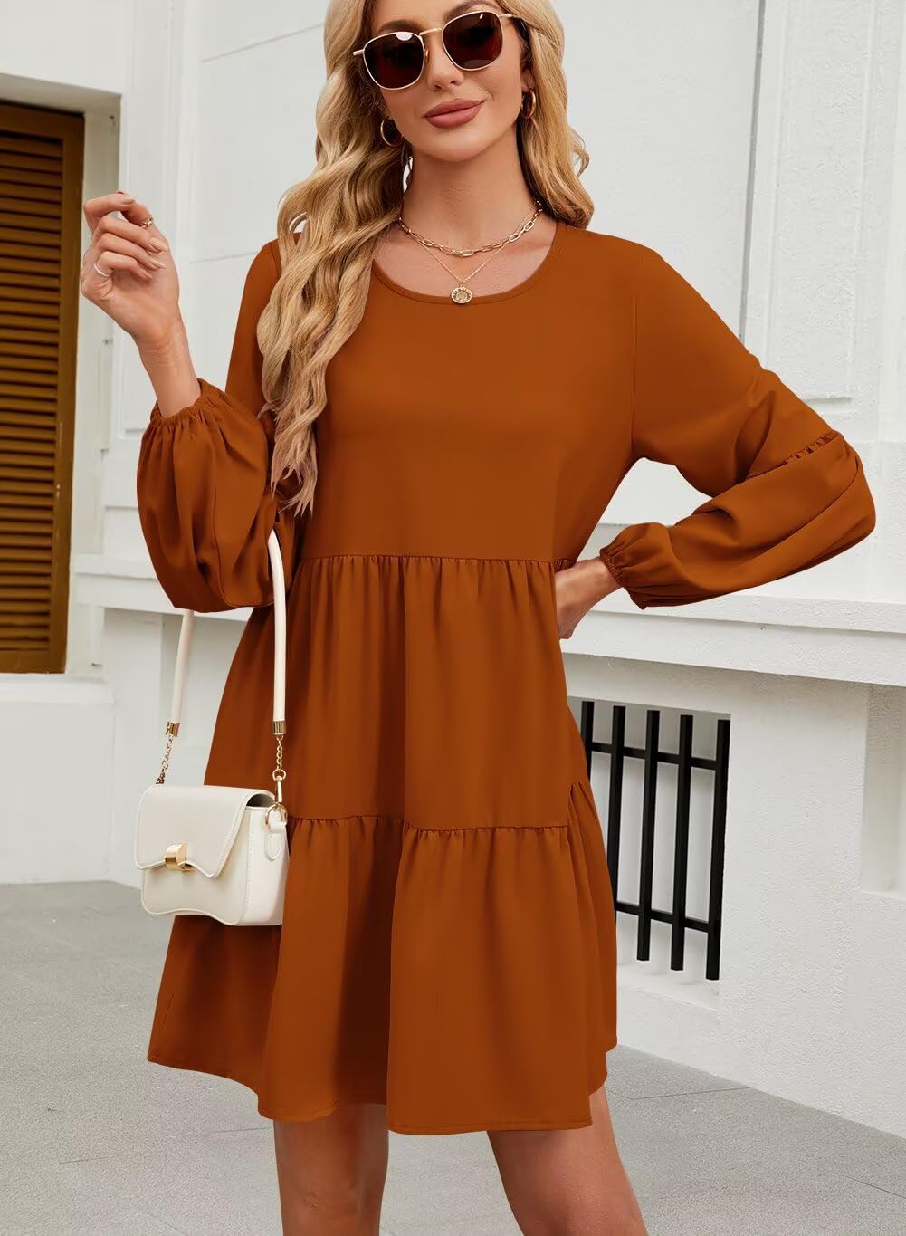 QACOHU Falll Dresses for Women 2026 Crew Neck Long Lantern Sleeve Casual Loose Flowy Swing Shift Dress - Image 4