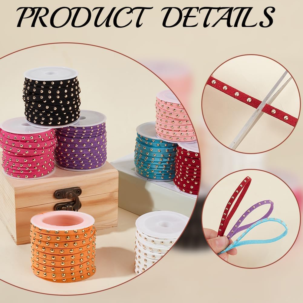 43.74 Inch x 5mm Wide Studded Flat Leather Lace Faux Suede Cords Beading String 8 Colors Rope Strips Trim Ribbon with Silver Punk Rivets for Jewelry Making Necklaces Bracelets DIY Crafts