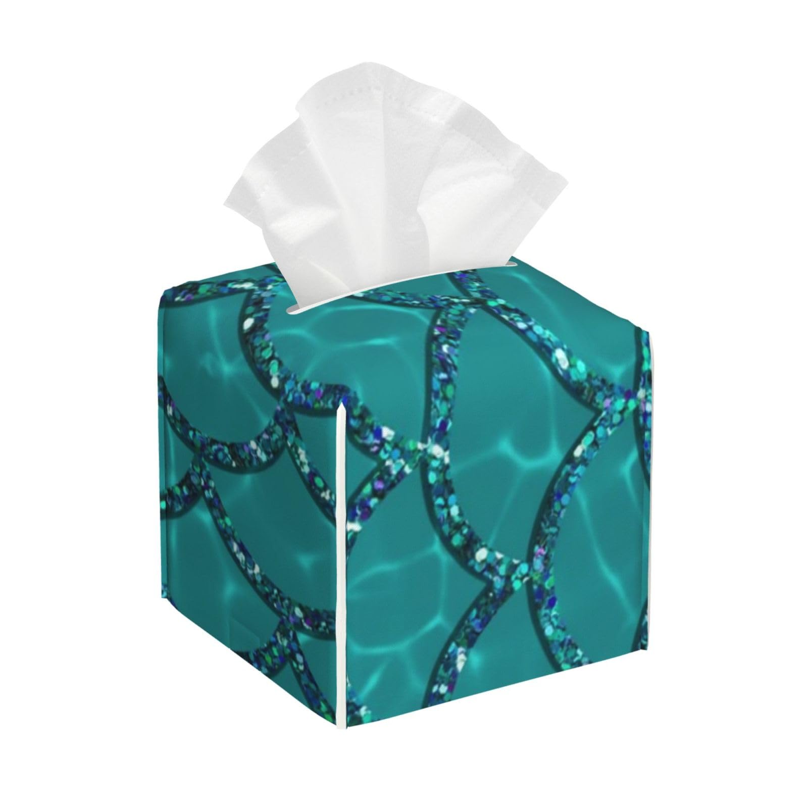 Glitter Mermaid Scales Tissue Box Cover 5" Square Leather Tissue Holder Facial Tissue Case for Tabletop Bedroom Bathroom Desk Decor
