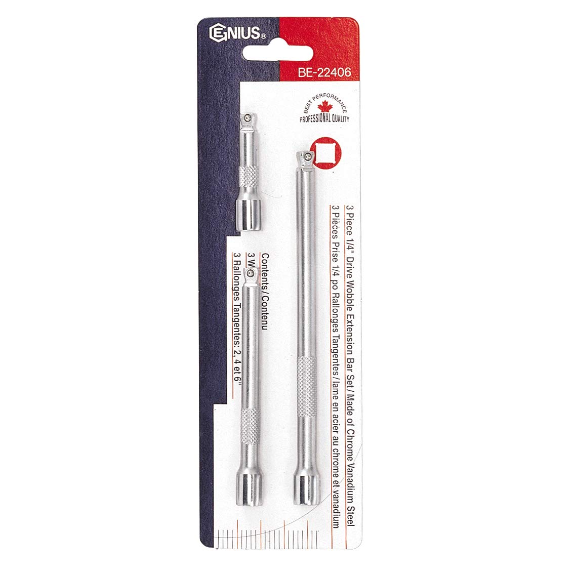 GENIUS TOOLS3 Piece 1/4" Dr. Wobble Extension Bar Set BE-22406