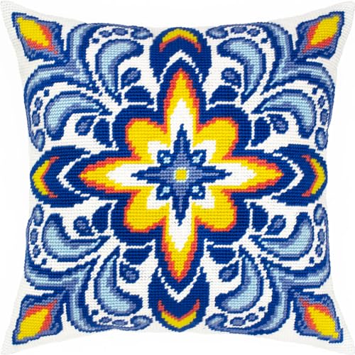 Image of Brvsk Ornamental Stamped Cross-Stitch Kit for Adults and Beginners - Fire and Ice 16″ x 16″ with Clear, Precise Printed Design on Cotton Canvas; Includes 2 Needles, Yarn, and Easy-Read Chart