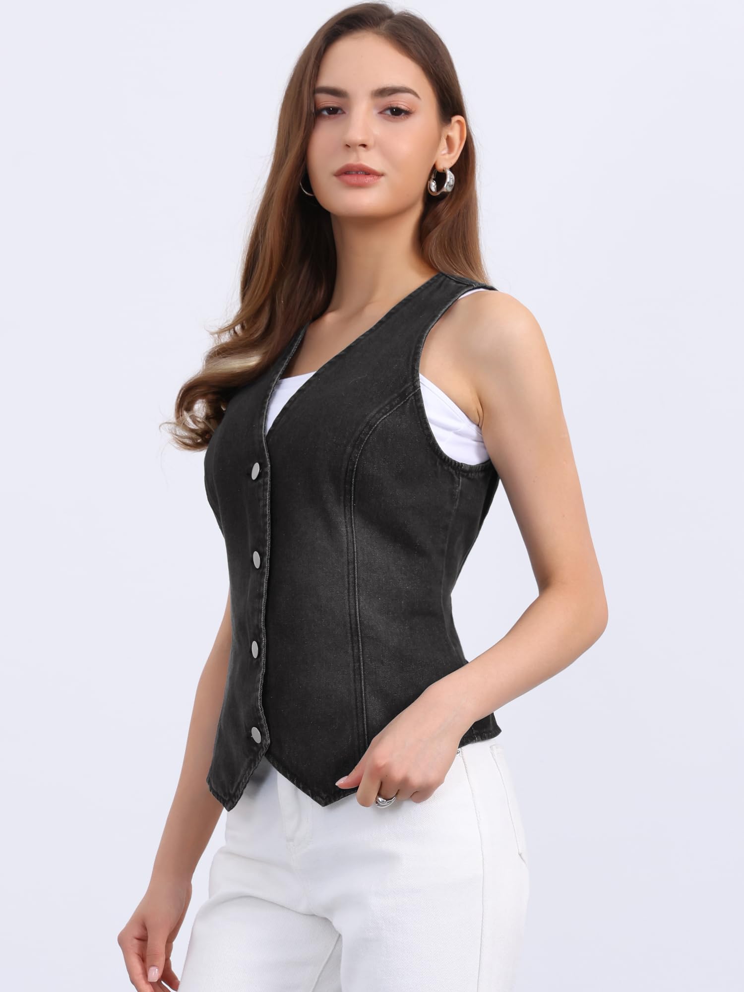 Allegra K Gilet en Jean pour Femme Blouson sans Manches en Denim à Col en V Veste Boutonné Décontractée Vintage