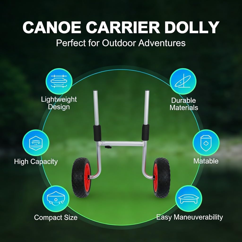 Canoe Carrier Dolly with 10in Tires, Adjustable Foldable Aluminum Kayak Transport Cart - Durable Powder Coated Frame, Easy Kayak Wheels Dolly for Small Boats
