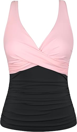 Vista 6 de Firpearl Traje de baño tankini con aros para mujer, con cuello en V torcido, para busto grande, fruncido y control de barriga