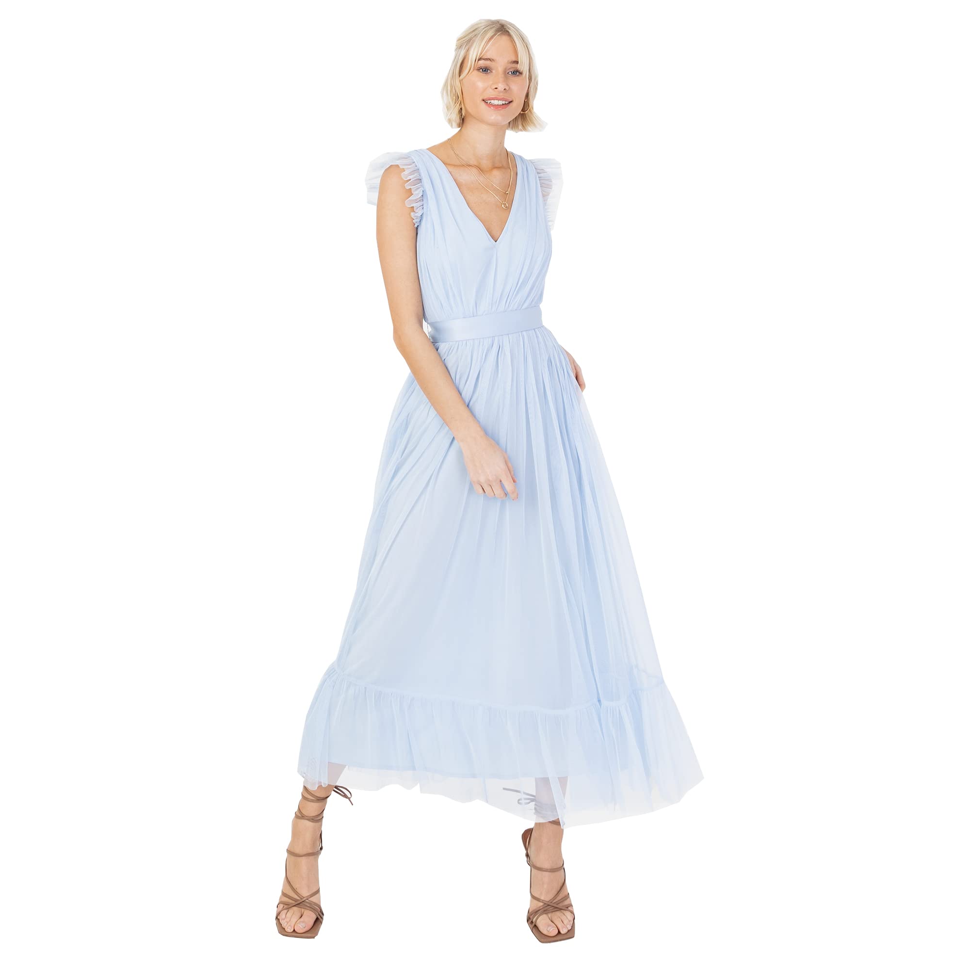 Anaya with Love Ladies Midaxi Dress for Women V Neckline Sleeveless Frilly for Wedding Guest Bridesmaid Prom Long High Empire Waist Tiered Light Blue Size 10