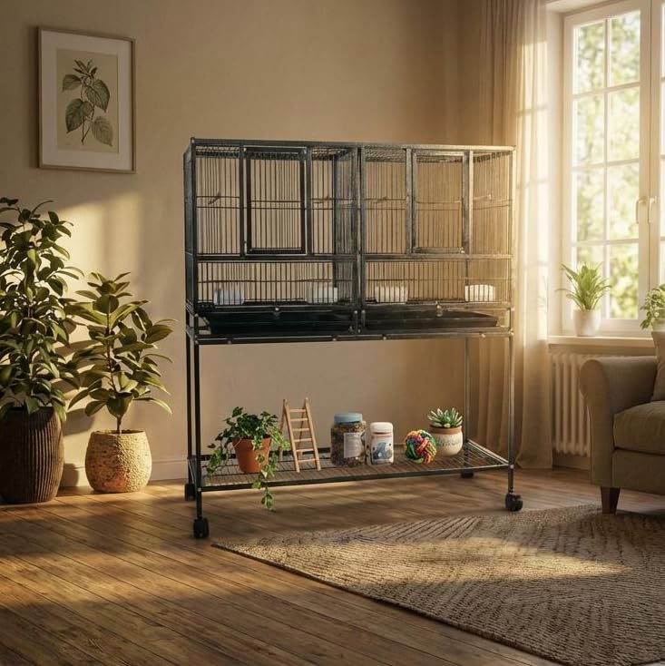 IDEALHOUSE 41' Divided Breeding Flight Bird Cage with Detachable Rolling Stand, Breeder Cage with Perches, Food Boxes, Slide-Out Tray and Storage Shelf, Birdcage for Parakeet Finch Cockatiel Lovebird