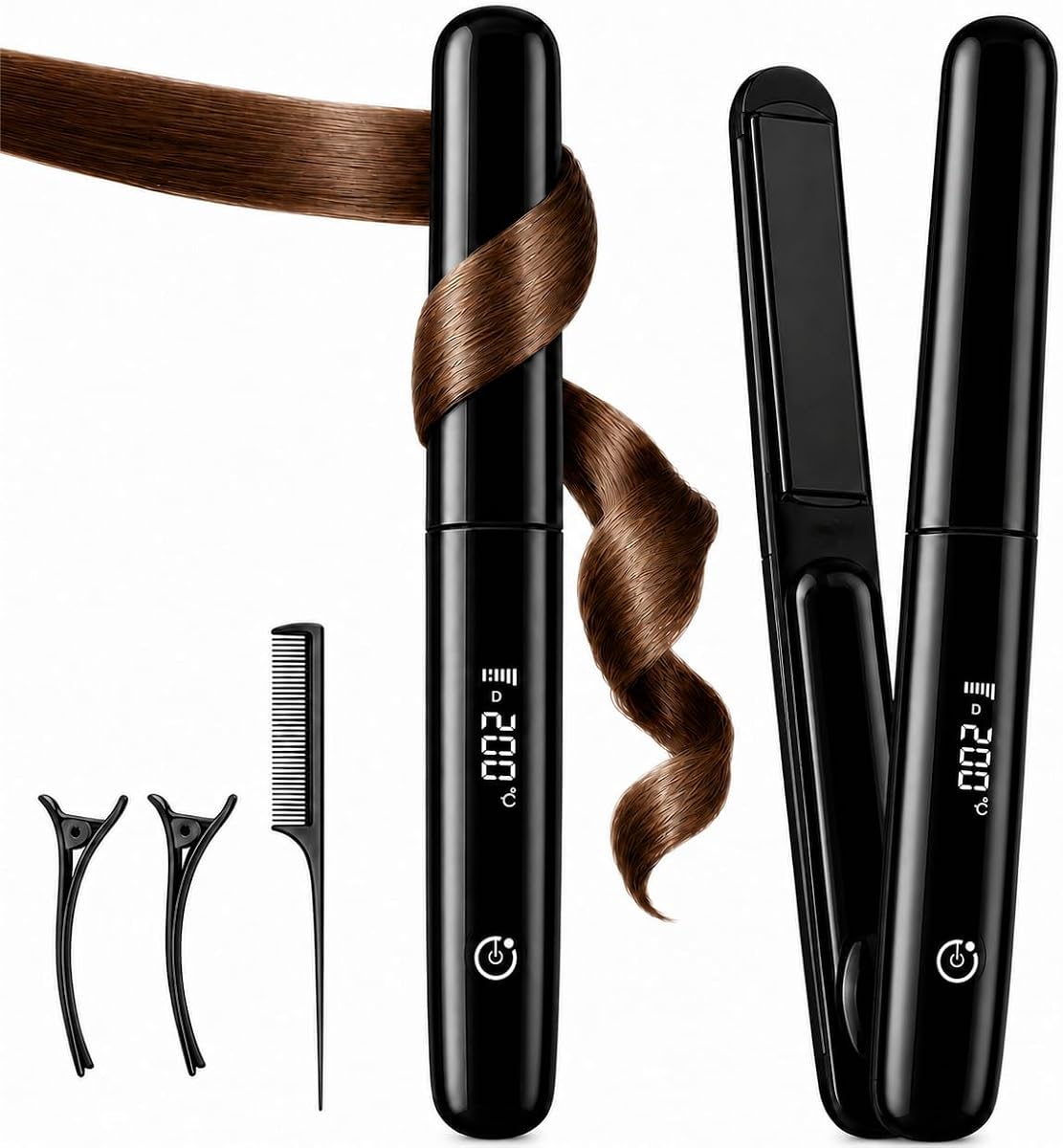 Cordless Hair Straightener Curler 2 in 1, Mini Portable Ceramic Flat Iron, 10s Fast Heating, 4500mAh & USB-C Rechargeable Travel Hair Styler with LCD Display, 4 Temp Settings & Pouch, Black