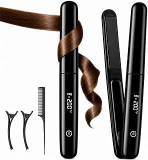 Cordless Hair Straightener Curler 2 in 1, Mini Portable Ceramic Flat Iron, 10s Fast Heating, 4500mAh & USB-C Rechargeable Travel Hair Styler with LCD Display, 4 Temp Settings & Pouch, Black