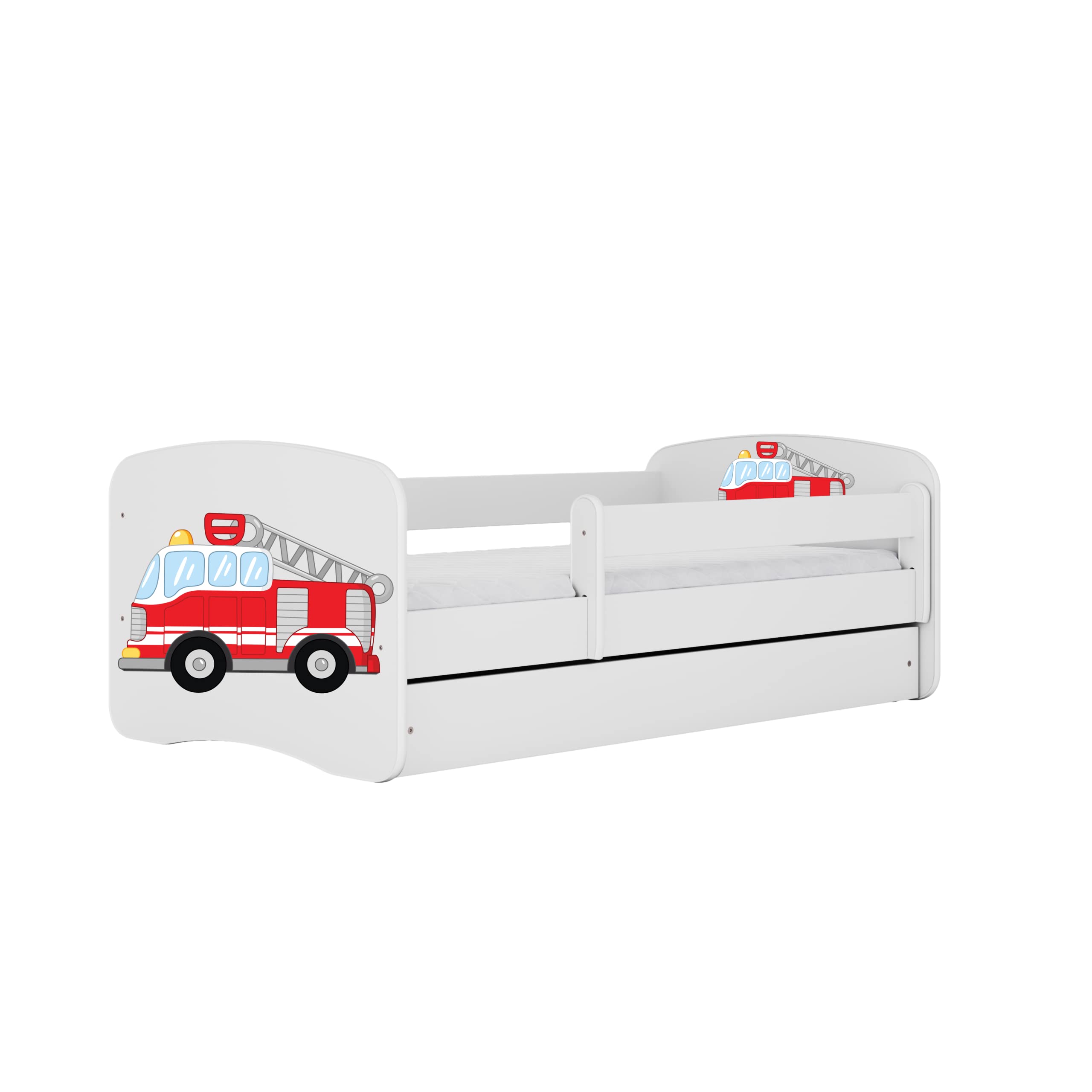 Cama Infantil 80x180 Cama para Niños Blanca con Barrera de protección contra caídas. cajones extraíbles y Base de Listones para niñas y niños - 80 x 180 cm Bomberos