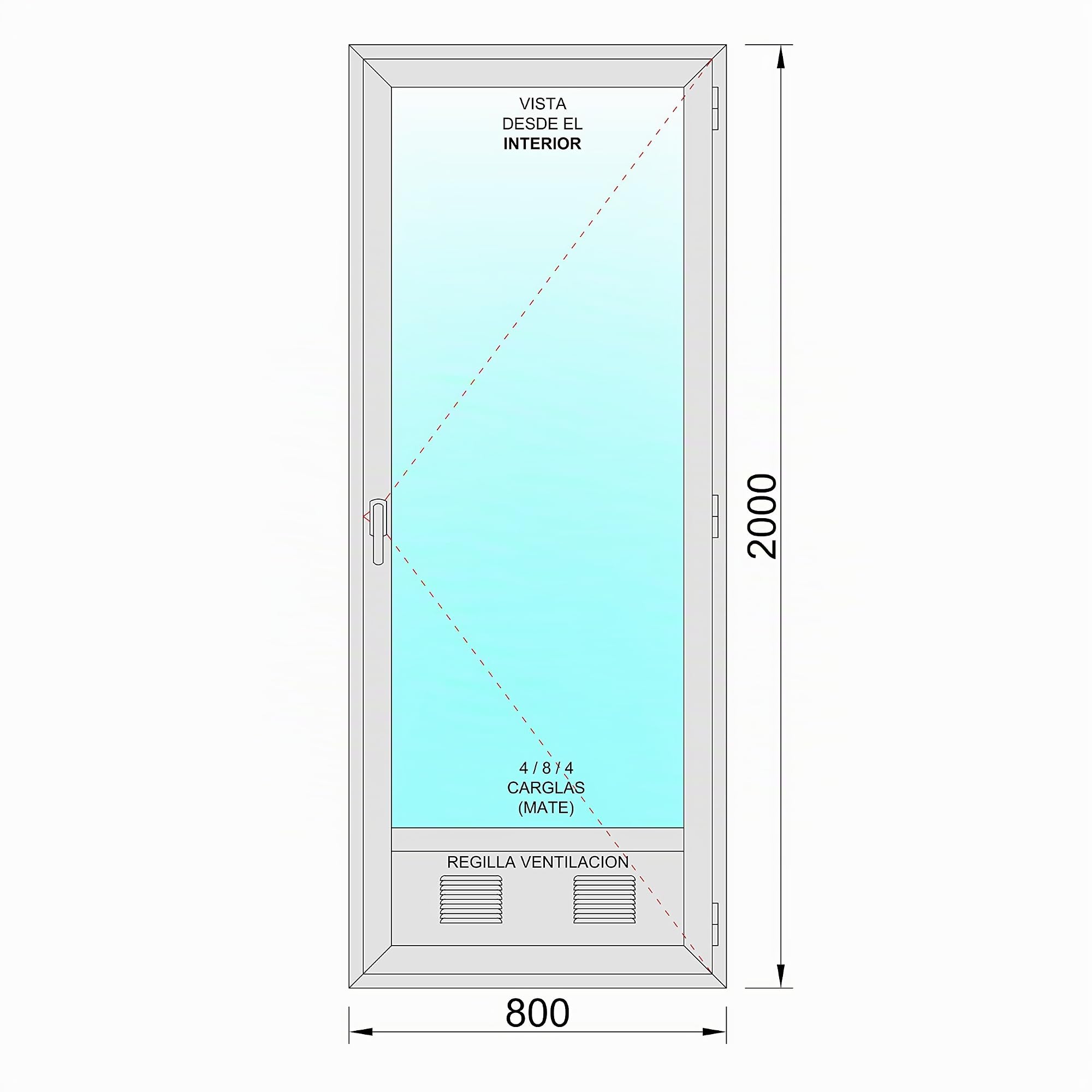Ventanastock Puerta Balconera Aluminio 800x2000 Practicable Derecha con Rejilla de ventilación y cristal mate Carglas 1 hoja