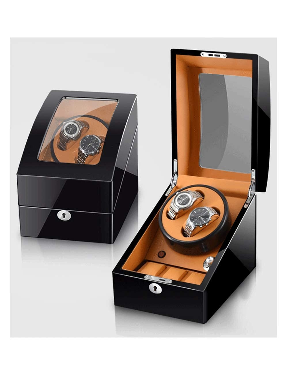 Vitrina Enrollable para 2 Relojes, 3 Posiciones adicionales, Pintura de Piano, antimagnético, vibrador de Lujo ultrasilencioso, luz LED (Grano de ébano + Blanco 2 + 3) (Negro + marrón 2 + 3)
