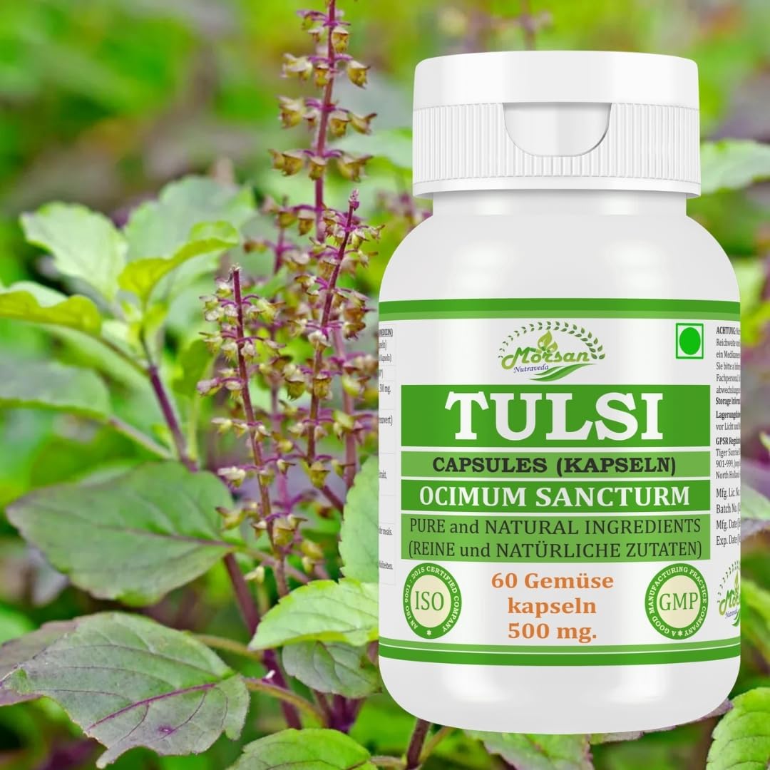 Tulsi (Ocimum sanctum, Basil) Extrakt mit 10:1 Stärke, 500 mg x 60 vegane Kapseln | Ayurvedisches Kräuterergänzungsmittel für Männer und Frauen (1 Flasche mit 60 Kapseln)