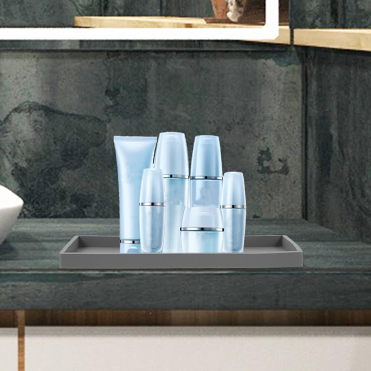 SHOWERORO Silicone Vanity Tray 2pcs Large Rectangular Bathroom and Kitchen Storage Organizer for Cosmetics, Keys, Rings – Gray and White Countertop Sink Tray