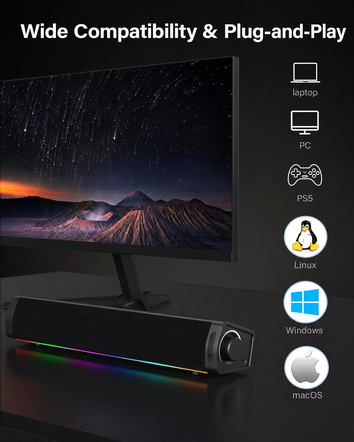 Altoparlanti per computer da gioco RGB immersivi con 3 modalità audio per PC desktop, altoparlanti monitor USB-C con bassi migliorati, ingresso AUX e porta cuffie per PC, laptop, Mac, PS5