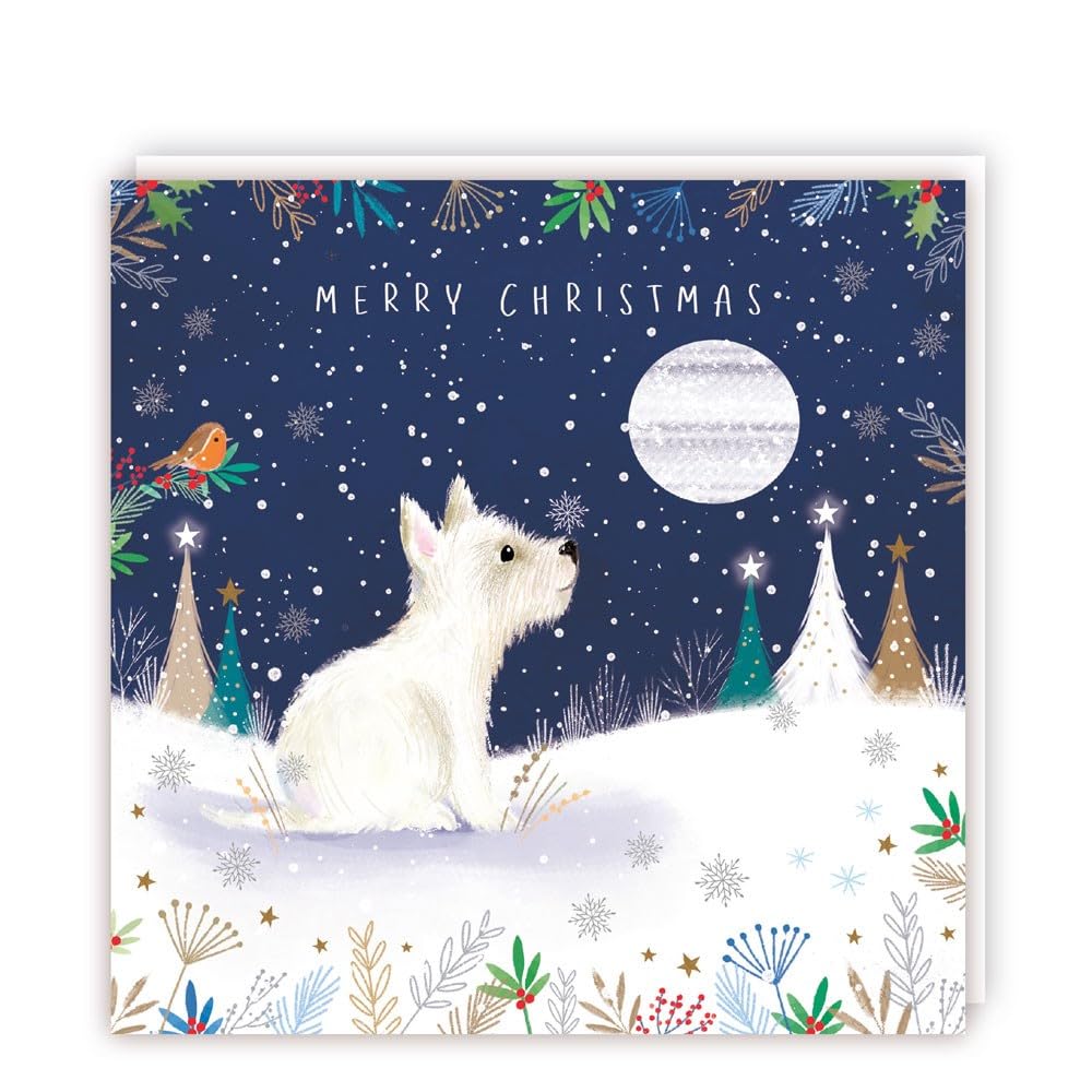 Tracks Publishing Charity Christmas Cards Pack of 5, Charity Christmas Cards with a Westie Dog and Full Moon Festive Design