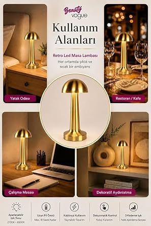Mantar Lamba, 3 kademeli Işık, USB şarjlı, Şarjlı Dokunmatik LED Lamba, Kablosuz Gece Lambası, Gold masa lambası, mantar model lamba, başucu lambası, dekoratif salon lambası, Otel-Restaurant-Lokanta [Enerji Sınıfı B]