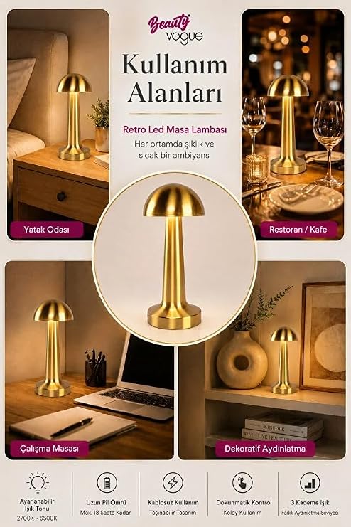 Mantar Lamba, 3 kademeli Işık, USB şarjlı, Şarjlı Dokunmatik LED Lamba, Kablosuz Gece Lambası, Gold masa lambası, mantar model lamba, başucu lambası, dekoratif salon lambası, Otel-Restaurant-Lokanta [Enerji Sınıfı B]