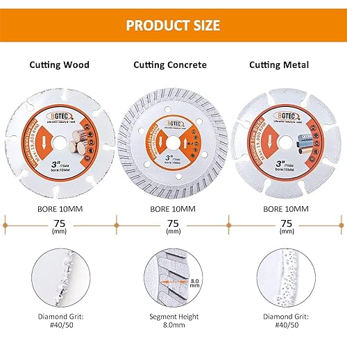 Miniatura 2 de BGTEC Hoja de corte de diamante, 3 piezas de hoja de sierra circular de 3 pulgadas2.953in x 38 pulgadas0.394in para amoladora angular de hormigón de