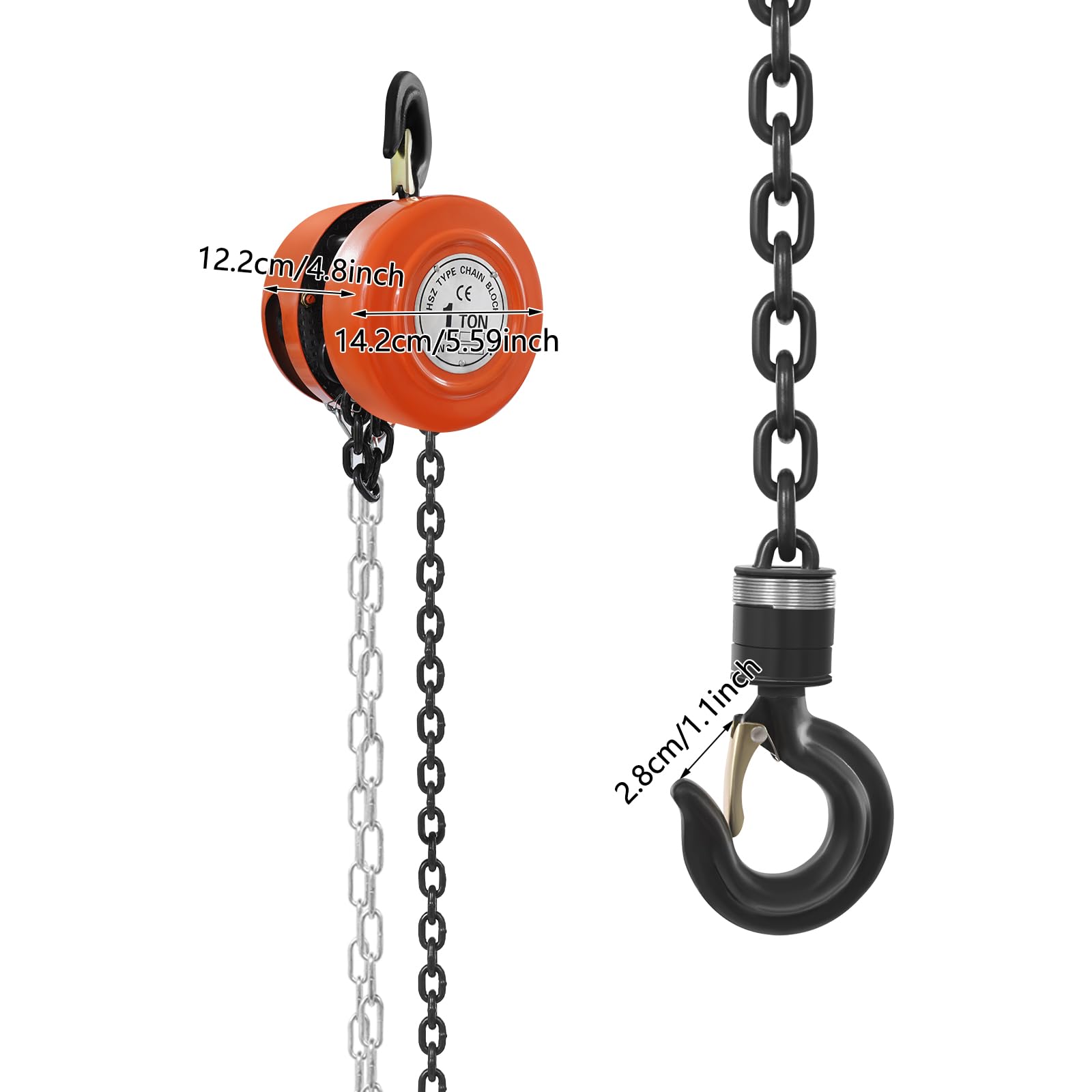 1T Cabrestante manual de cadena, polipasto de cadena, elevación de 3 m, polea manual para construcción, taller, garaje, con gancho de 360° y bloqueo de seguridad (naranja)