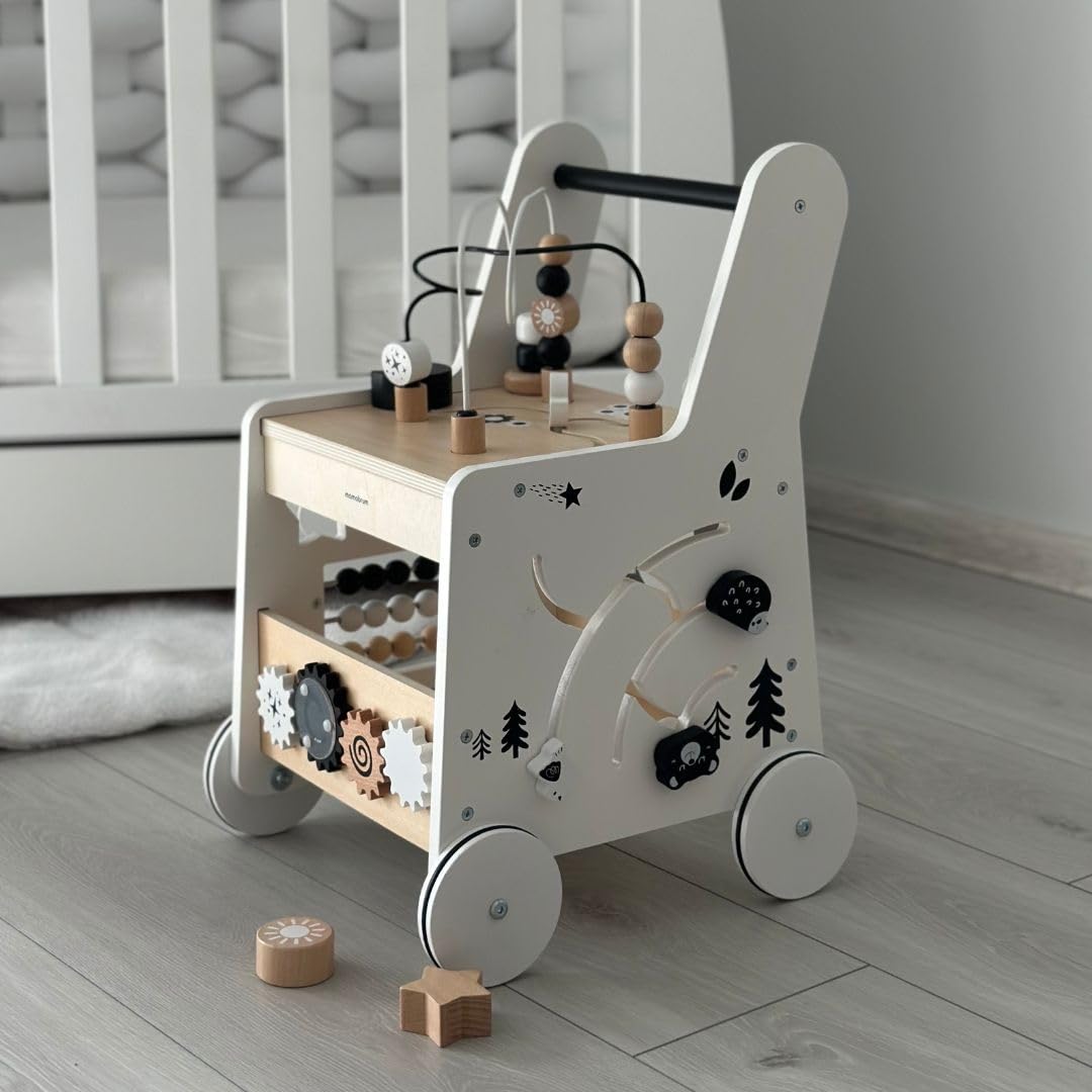 Mamabrum Caminadora y Andador Bebé 6 en 1 - Mesa Educativa de Madera con Ábaco, Engranajes y Juegos - Centro de Actividades para Primeros Pasos - 31 x 28 x 49 cm