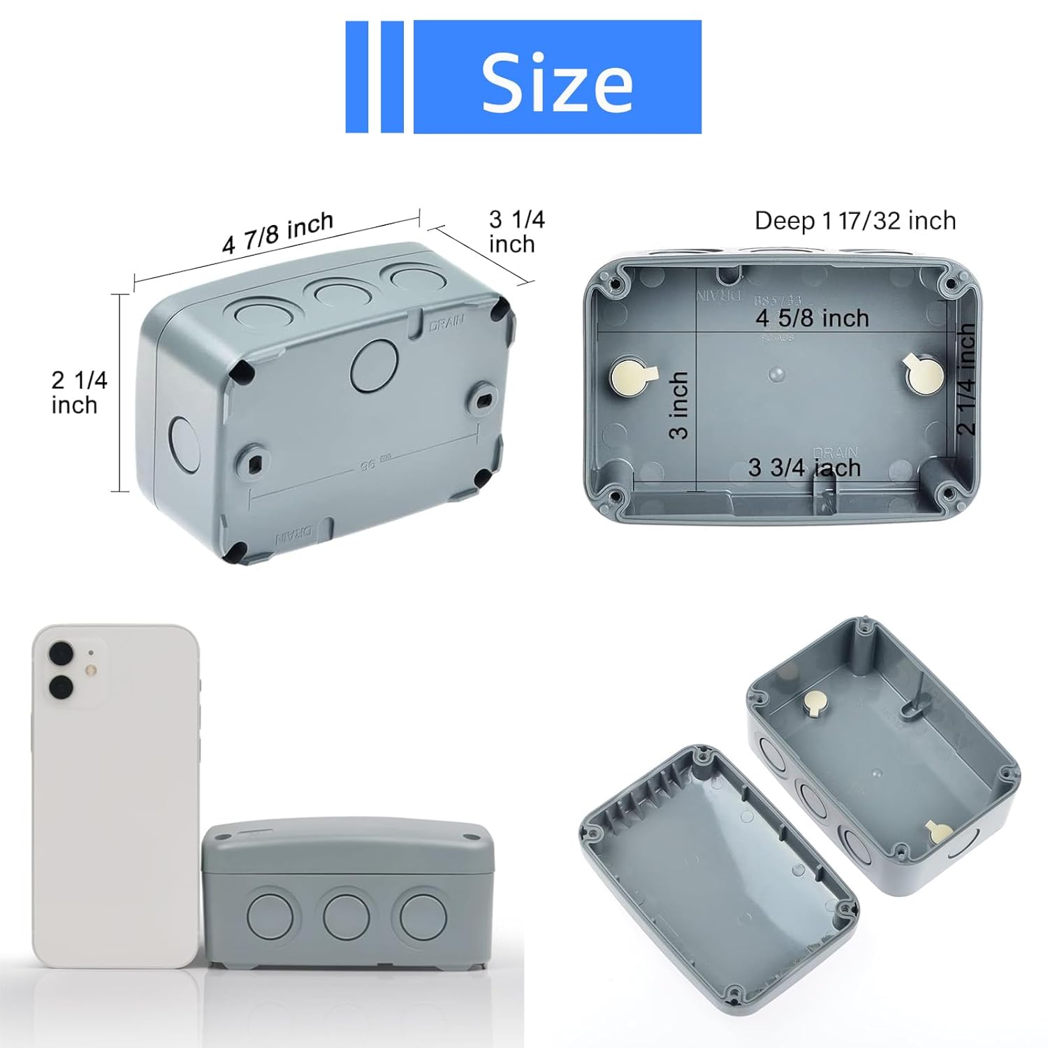 Outdoor Junction Box Waterproof,SuperInk Outdoor Electrical Boxes Weatherproof with Reserved Holes,IP66 PVC/ABS Dustproof,4.9x3.3x2.3In(125x86x62MM),Watertight for Indoor Outdoor Use