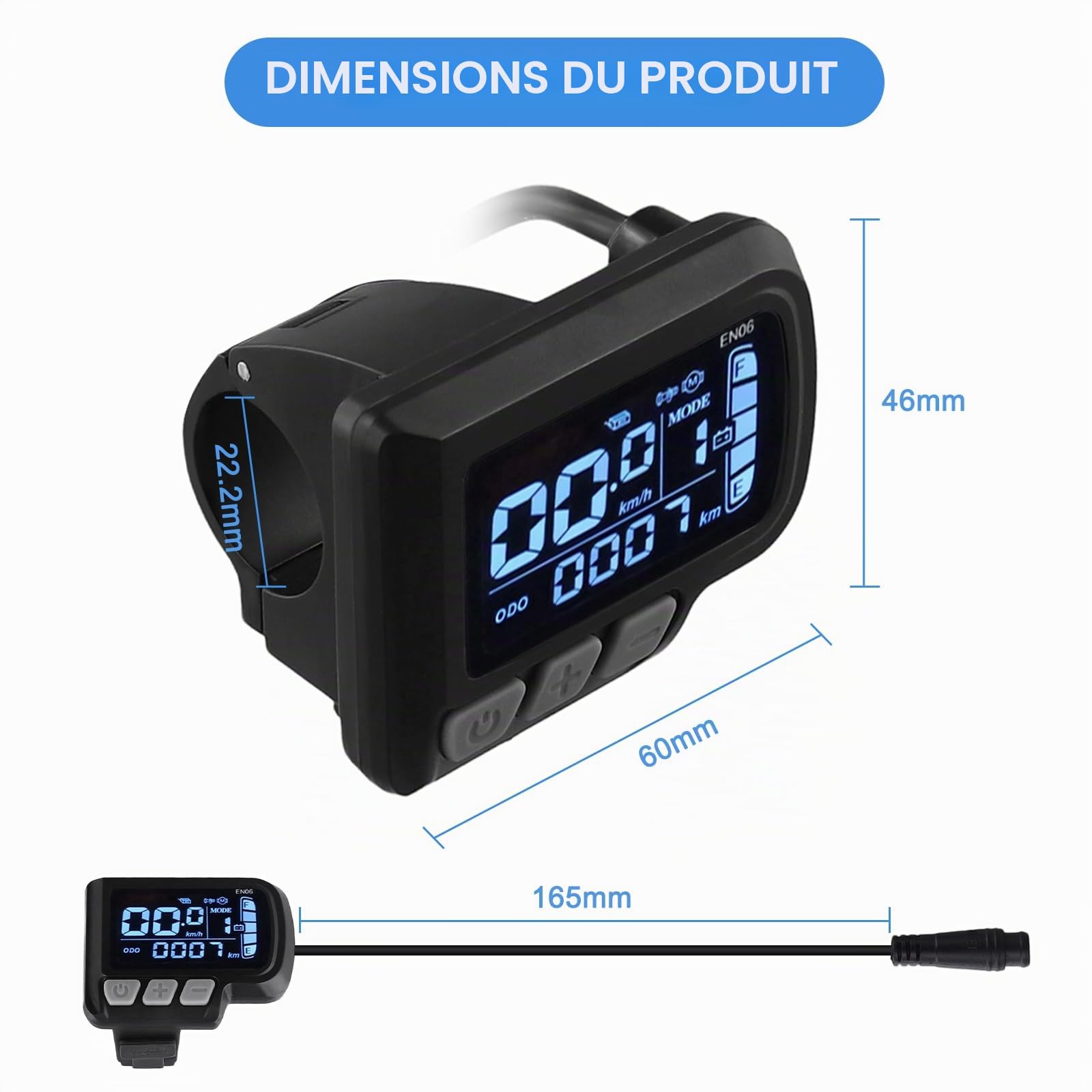Affichage E-Bike 24V 36V 48V avec écran LCD et câble d'interface à 6 broches pour guidon de vélo électrique Corps ABS de 22,2 mm résistant à la température