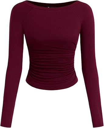 PRETTYGARDEN Long Sleeve Shirts for Women 2025 Fall Ruched Sides Boat Neck Basic Tee Casual Fitted Ribbed Knit Crop Tops