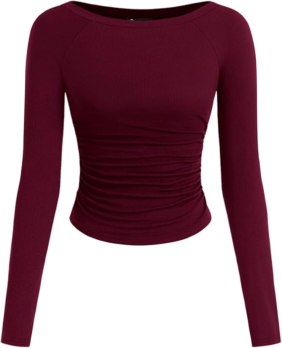 PRETTYGARDEN Long Sleeve Shirts for Women 2025 Fall Ruched Sides Boat Neck Basic Tee Casual Fitted Ribbed Knit Crop Tops