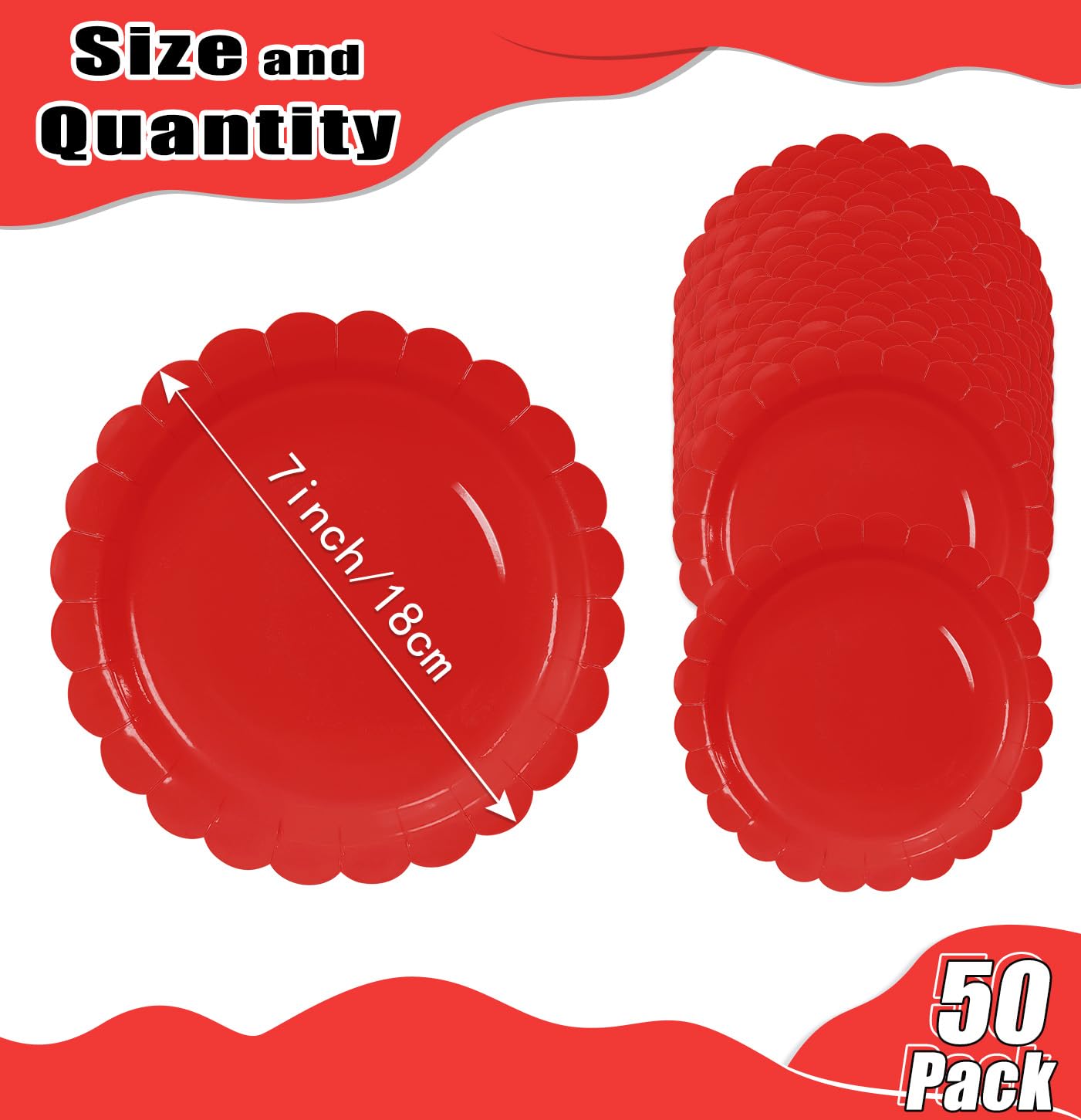 HEIPINIUYE 50 platos de papel rojo de 7 pulgadas, platos festoneados rojos, platos desechables para boda, baby shower, fiesta de cumpleaños, platos de postre