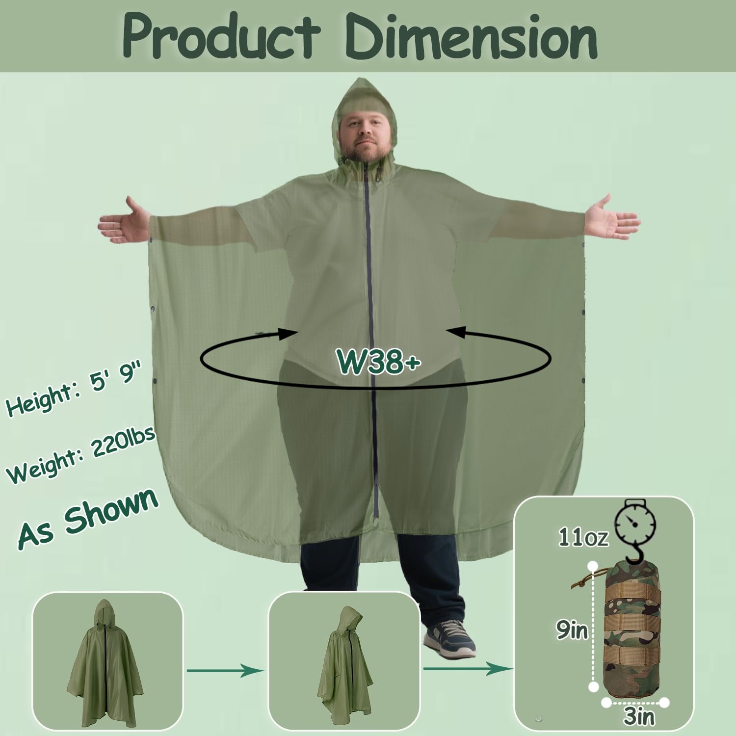 Unisex Plus Size Zipper Poncho Hooded Umhang Mantel (1er Pack)