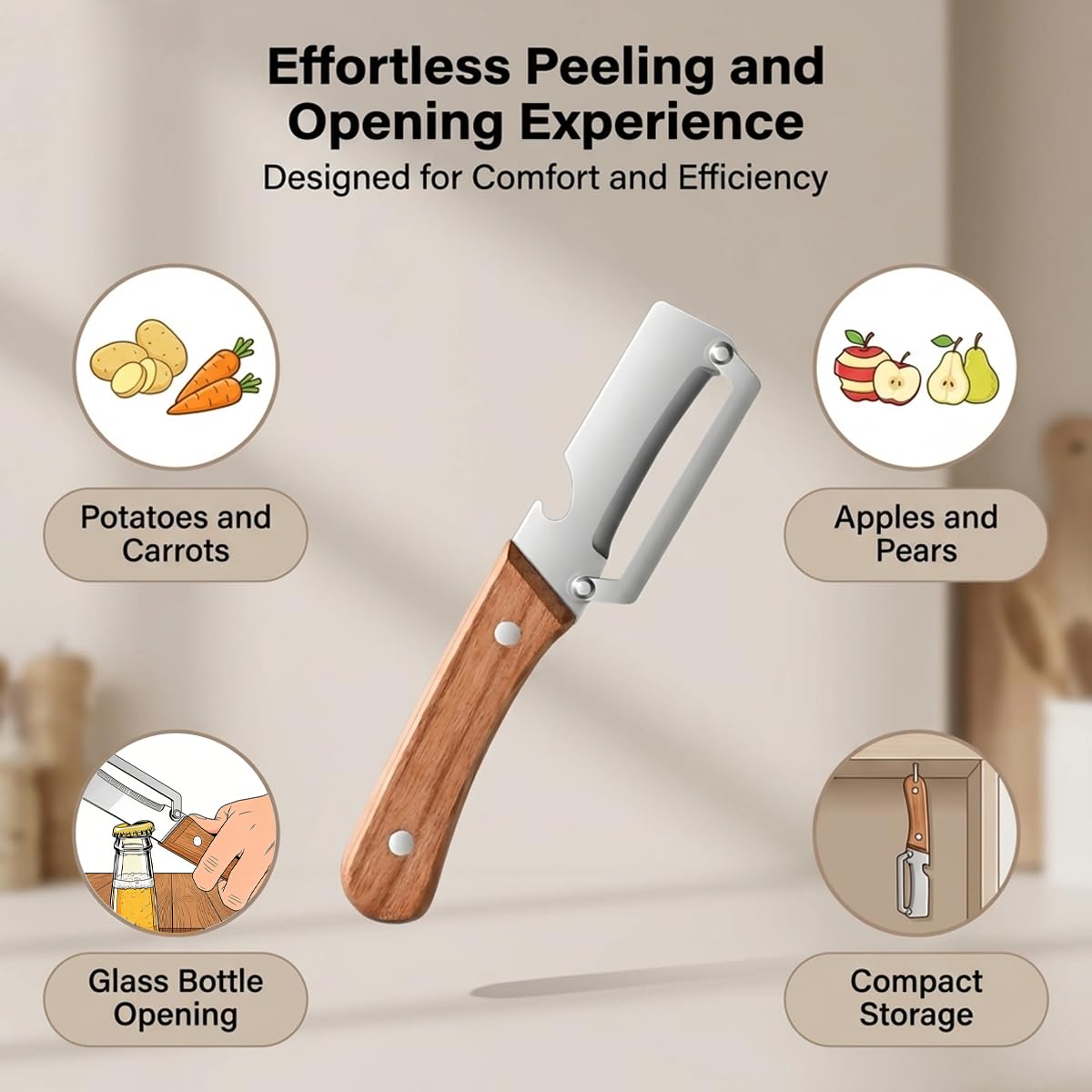 2 Pack Multifunctional Vegetable Peeler, Stainless Steel Blade with Ergonomic Wooden Handle, Non-Slip Fruit & Potato Peeler for Kitchen Use — view 5
