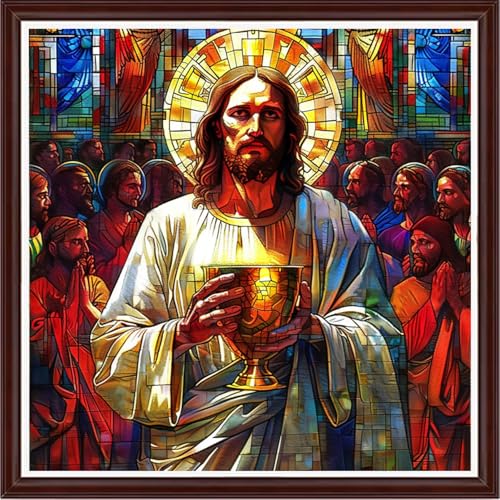 Image of Dooxvey Counted Cross Stitch Kits for Adults 11CT Printed Cross-Stitch Patterns Cross Stitching Embroidery Kit Stamped or Counted Needlepoint Kits-Jesus Holds Golden Cup in his Hand 18x18 inch