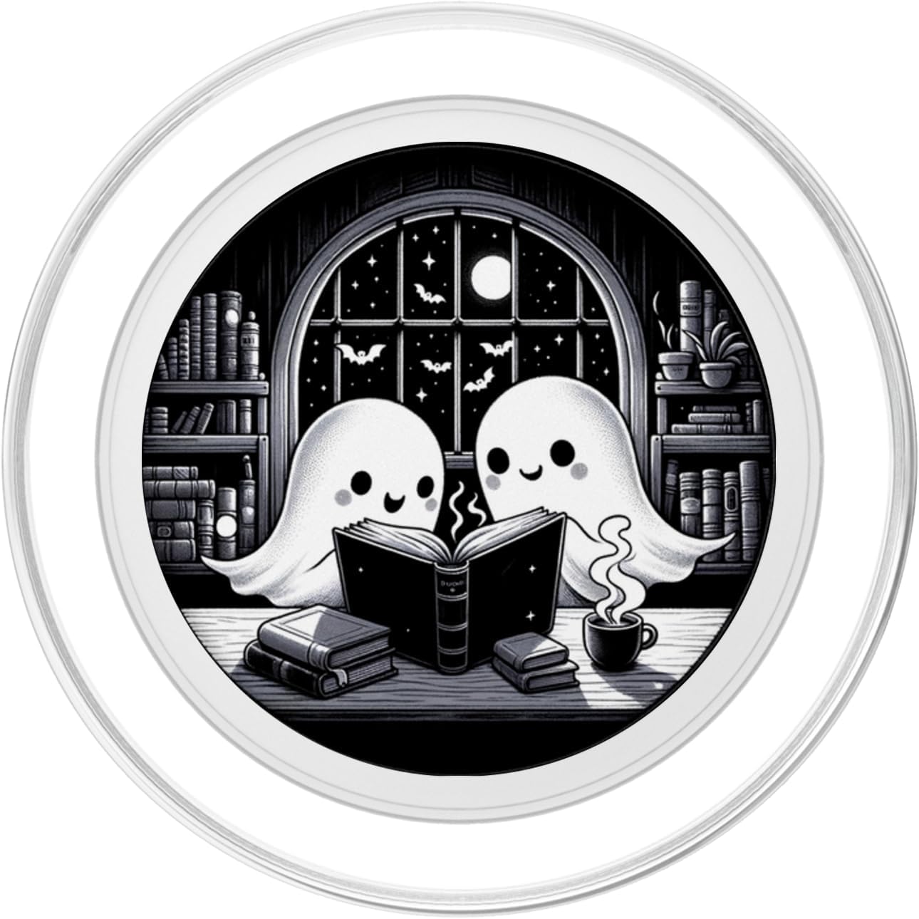 Spooky Ghost Reading Books In A Library Illustration Art PopSockets MagSafe PopGrip for iPhone