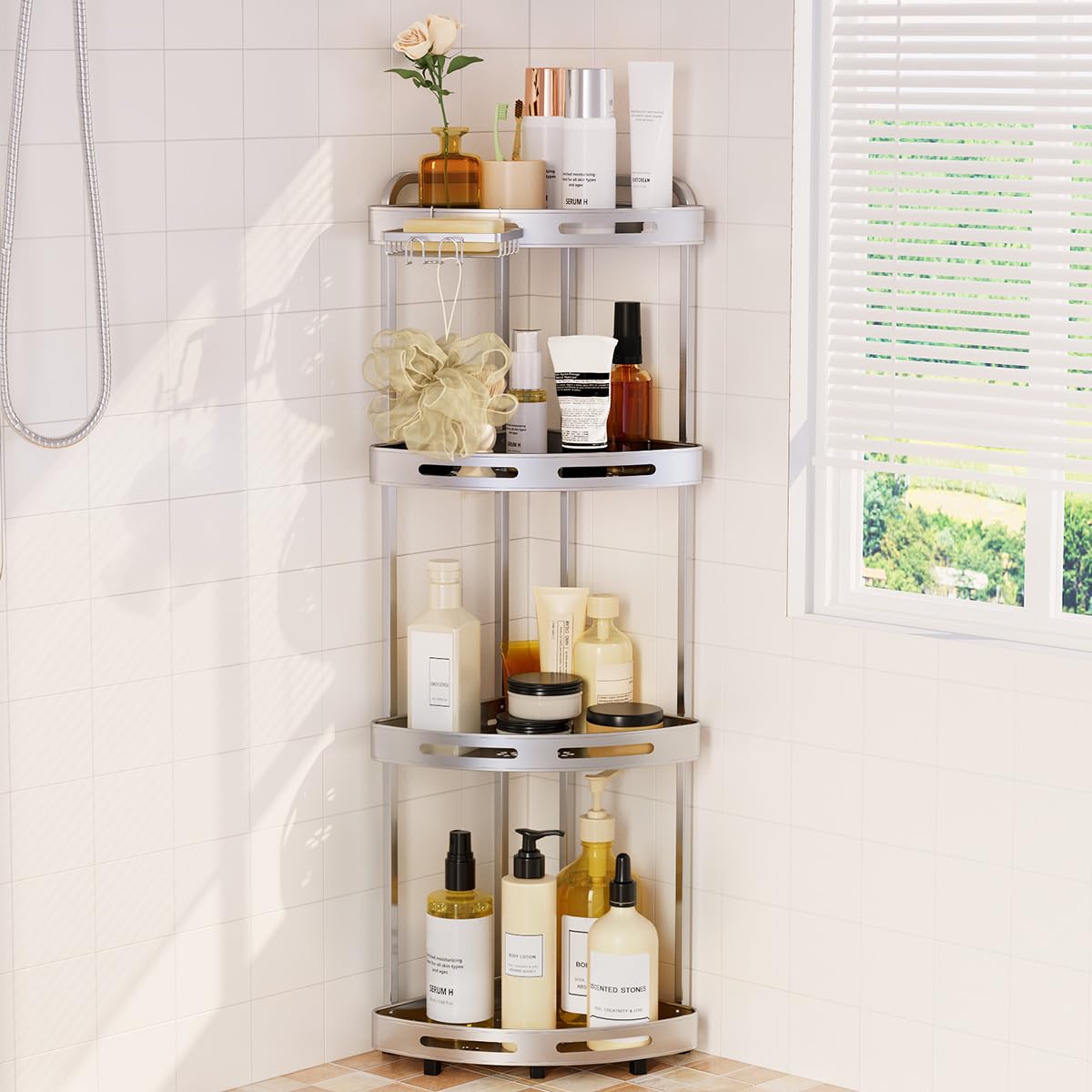 Binecer Corner Shower Caddy, 4 Tier Standing Shower Organizer with Soap Holder, Rustproof Stand Shower Shelves for Bathroom Shampoo Storage, Silver