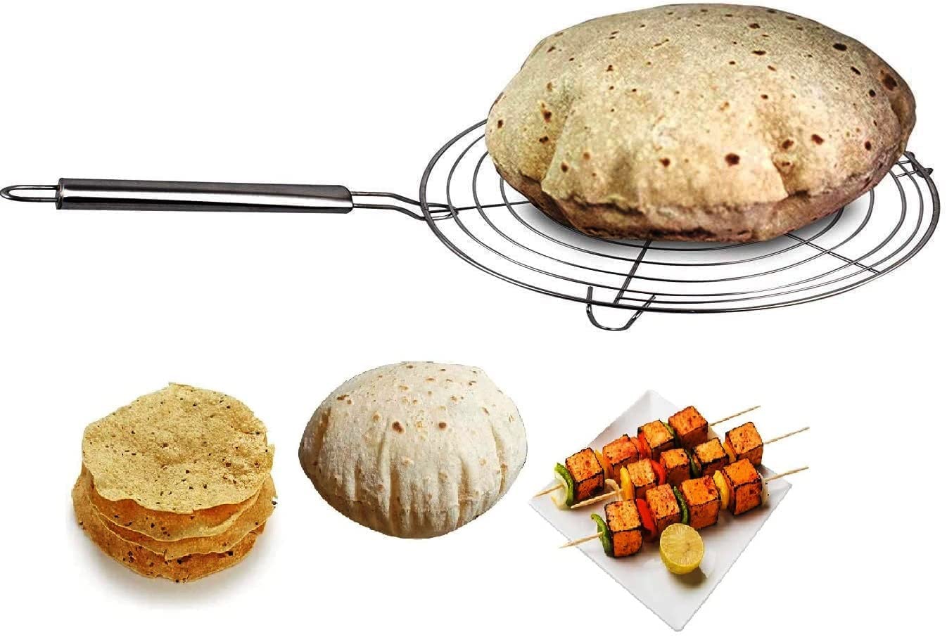 Stainless Steel Round Roti Grill, Papad Grill,Roti Jali, Chapathi Grill with pipe Steel handle Dia-9 Inches