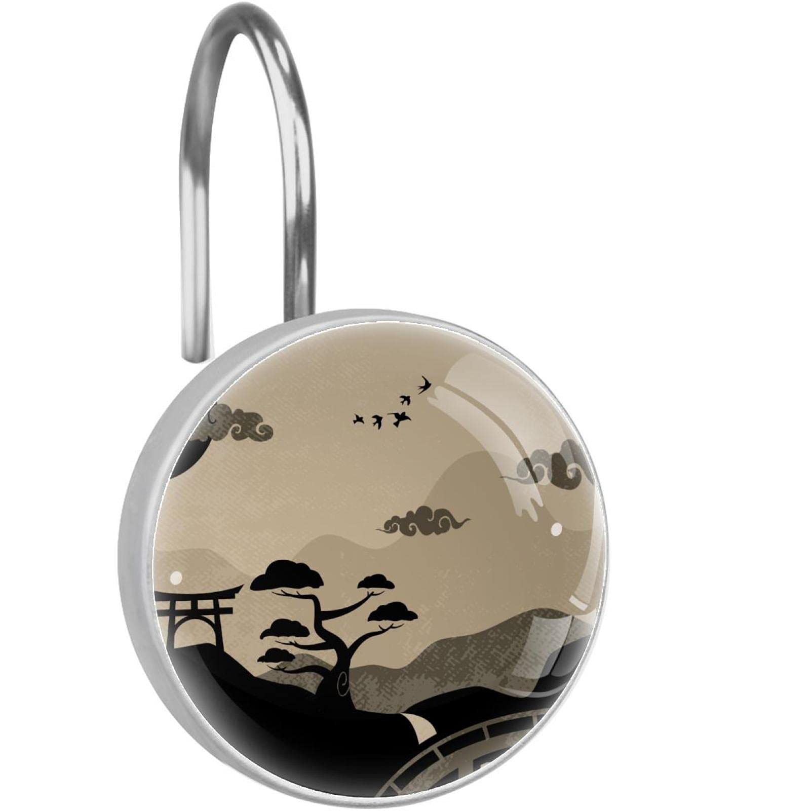 Crochets pour rideau de douche lot de 12 anneaux en acier inoxydable anti-rouille paysage chinois